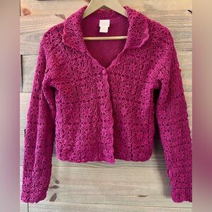 Moda International Crocheted Cardigan Sweater in Magenta